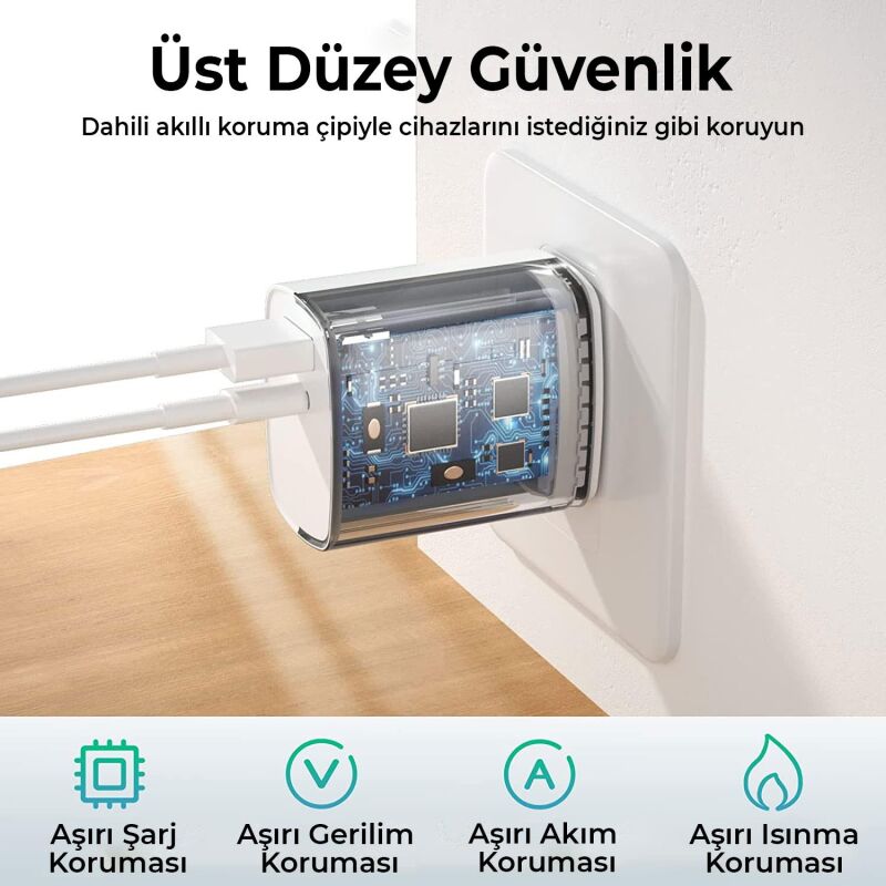 Bix ZH-2U41T 25W USB Type-C PD Çift Portlu Hızlı Şarj Cihazı Beyaz - 9