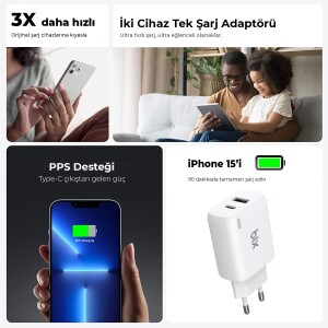 Bix ZH-2U41T 25W USB Type-C PD Çift Portlu Hızlı Şarj Cihazı Beyaz - 10