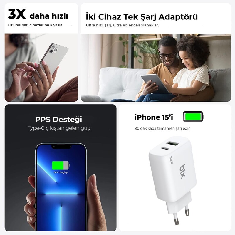 Bix ZH-2U41T 25W USB Type-C PD Çift Portlu Hızlı Şarj Cihazı Siyah - 11