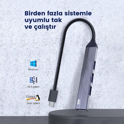 DM CHB057 USB Type-C to 4 Portlu 3*USB 2.0 1*USB 3.0 Hub Çoklayıcı 1 Metre - 5