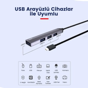 DM CHB057 USB Type-C to 4 Portlu 3*USB 2.0 1*USB 3.0 Hub Çoklayıcı 1 Metre - 4