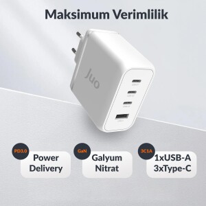 Juo 100W 4 Portlu USB-C + USB-A GaN Şarj Aleti iPhone & Macbook & Notebook Uyumlu PD Type-C Hızlı Şarj Cihazı Beyaz - 2