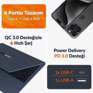 Juo 100W 4 Portlu USB-C + USB-A GaN Şarj Aleti iPhone & Macbook & Notebook Uyumlu PD Type-C Hızlı Şarj Cihazı Beyaz - 6