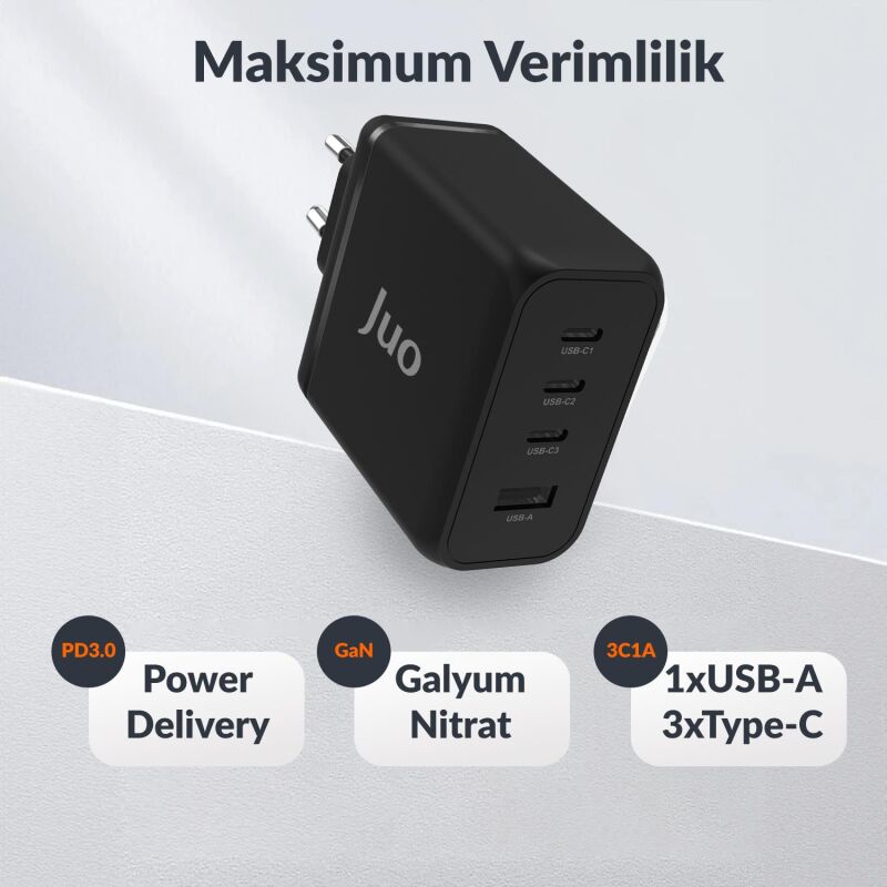 Juo 100W 4 Portlu USB-C + USB-A GaN Şarj Aleti iPhone & Macbook & Notebook Uyumlu PD Type-C Hızlı Şarj Cihazı Siyah - 2