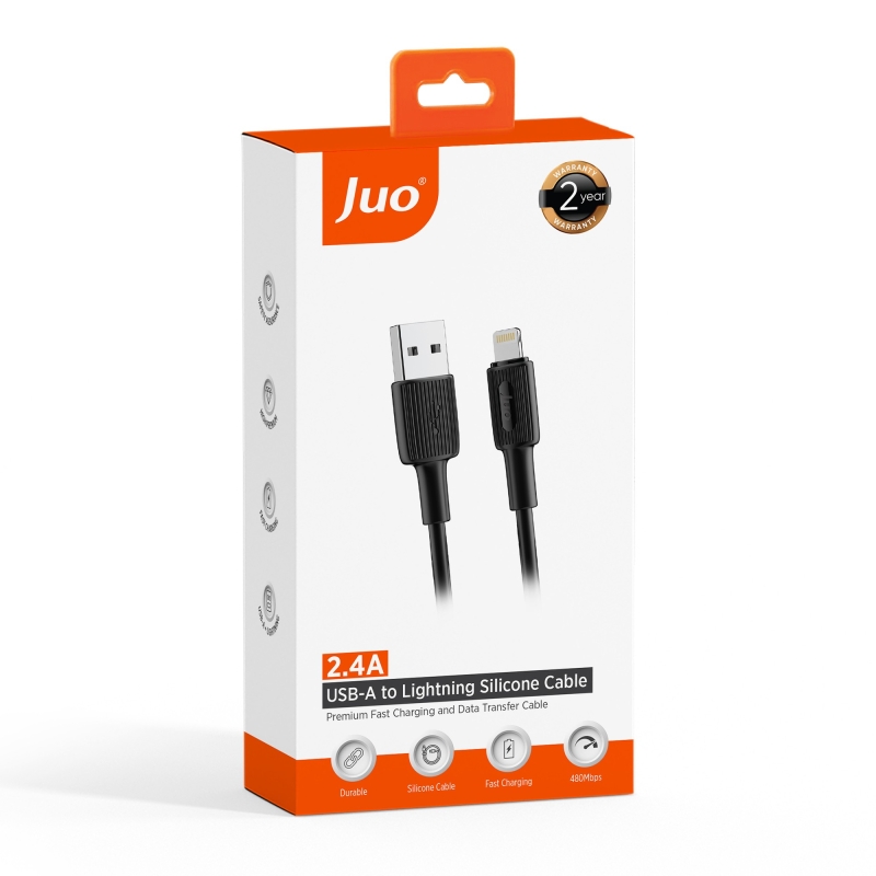 Juo 12W 2.4A USB-A to Lightning iPhone iPad Silikon Hızlı Şarj ve Data Kablosu Siyah 1 Metre - 7