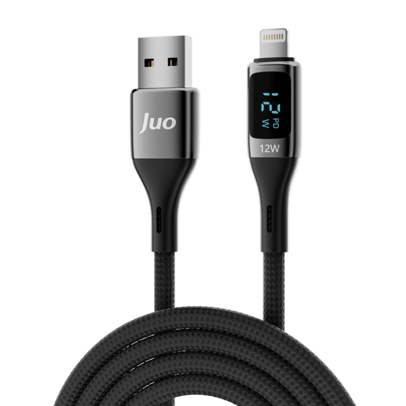 Juo 12W Dijital Led Ekranlı USB-A to Lightning iPhone iPad Örgülü Hızlı Şarj ve Data Kablosu 1 Metre - 1