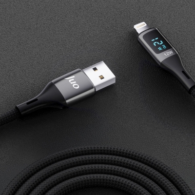 Juo 12W Dijital Led Ekranlı USB-A to Lightning iPhone iPad Örgülü Hızlı Şarj ve Data Kablosu 1 Metre - 3