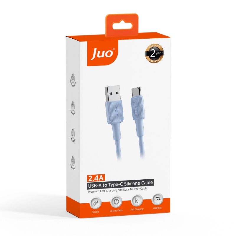 Juo 12W USB-A to Type-C Silikon Hızlı Şarj ve Data Kablosu Mavi 1 Metre - 7