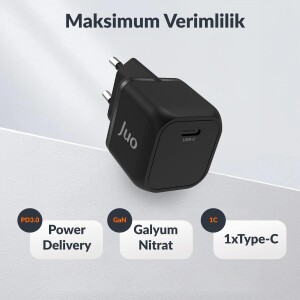 Juo 20W GaN USB-C Şarj Aleti iPhone & iPad & Android Uyumlu PD QC4.0 Type-C Hızlı Şarj Cihazı Siyah - 2