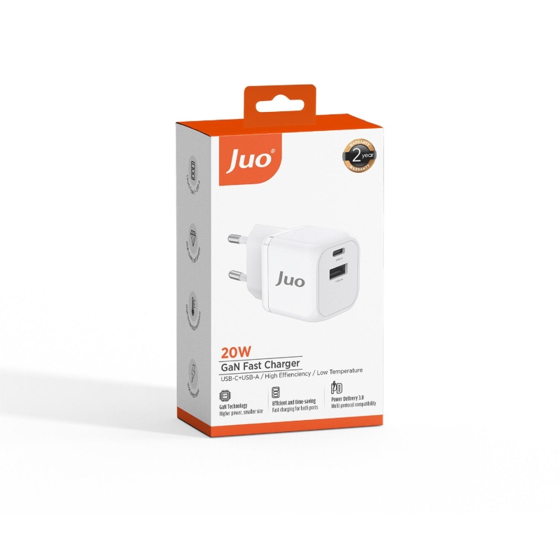 Juo 20W GaN USB-C + USB-A Şarj Aleti iPhone & iPad & Android Uyumlu PD QC4.0 Type-C Hızlı Şarj Cihazı Beyaz - 8