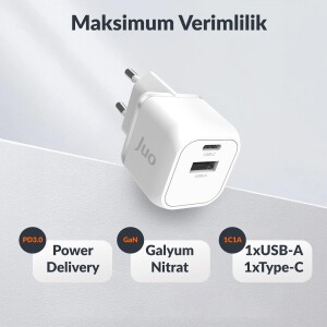 Juo 20W GaN USB-C + USB-A Şarj Aleti iPhone & iPad & Android Uyumlu PD QC4.0 Type-C Hızlı Şarj Cihazı Beyaz - 2