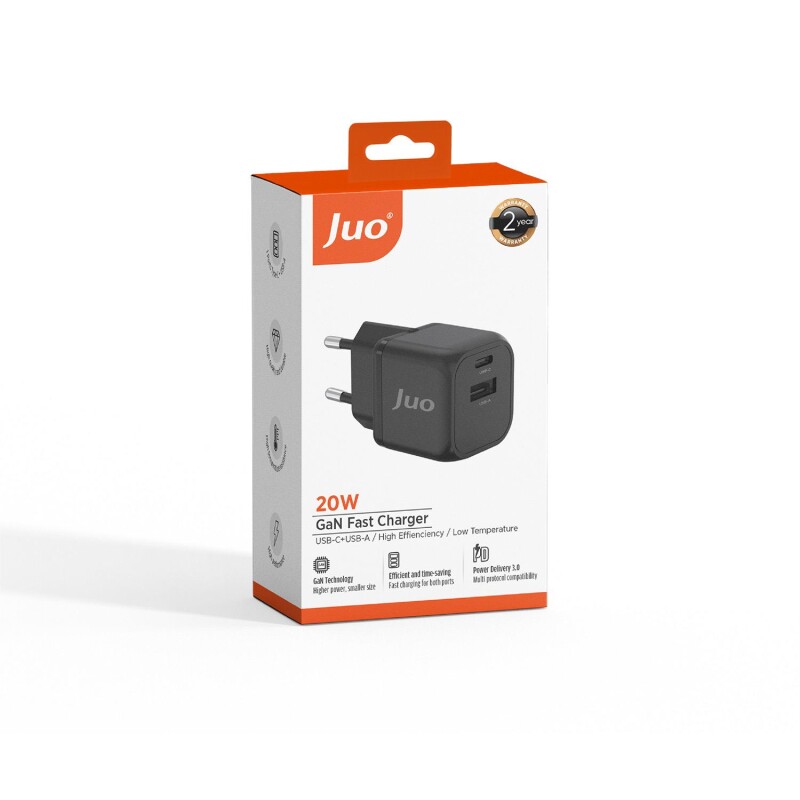 Juo 20W GaN USB-C + USB-A Şarj Aleti iPhone & iPad & Android Uyumlu PD QC4.0 Type-C Hızlı Şarj Cihazı Siyah - 8