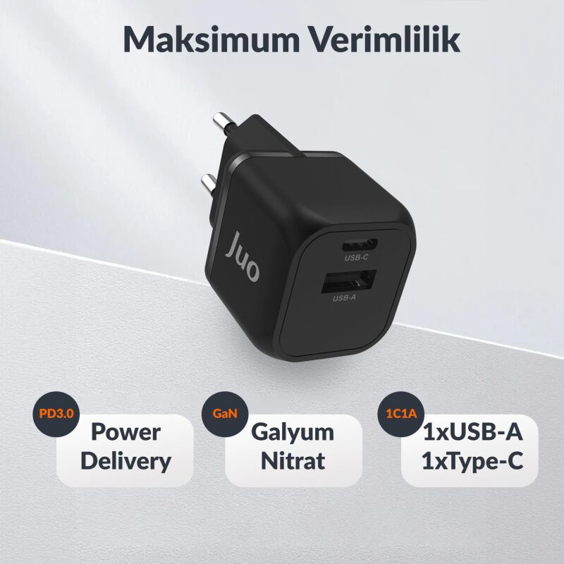 Juo 20W GaN USB-C + USB-A Şarj Aleti iPhone & iPad & Android Uyumlu PD QC4.0 Type-C Hızlı Şarj Cihazı Siyah - 2