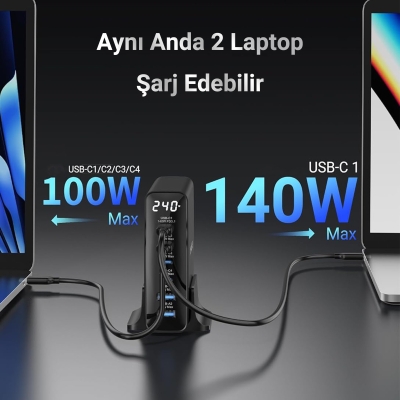 Juo 240W GaN PD 3.1 Masaüstü Hızlı Şarj Cihazı 4 Type-C + 2 USB-A iPhone & MacBook & Laptop Uyumlu Şarj Aleti - 5