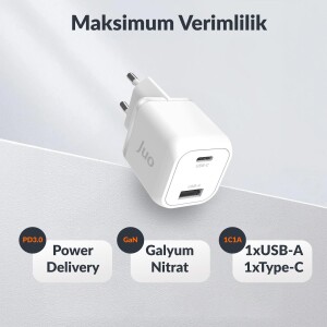 Juo 35W GaN USB-C + USB-A Şarj Aleti iPhone & iPad & Samsung PPS Uyumlu PD QC4.0 Type-C Hızlı Şarj Cihazı Beyaz - 2