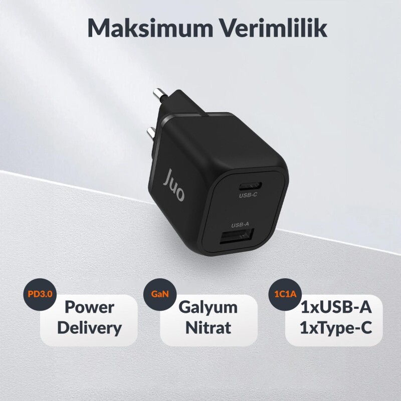 Juo 35W GaN USB-C + USB-A Şarj Aleti iPhone & iPad & Samsung PPS Uyumlu PD QC4.0 Type-C Hızlı Şarj Cihazı Siyah - 2