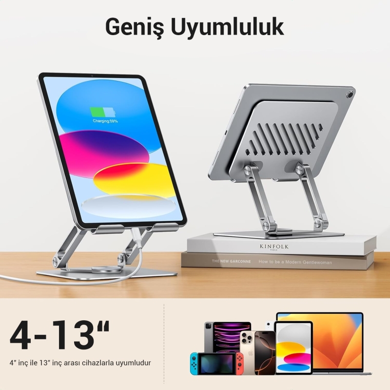 Juo 360° Dönebilen Alüminyum Tablet Standı Yükseklik ve Eğim Ayarlı Metal Tablet Tutucu - 7