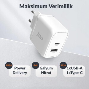 Juo 45W GaN USB-C + USB-A Şarj Aleti iPhone & iPad & Macbook & Samsung Uyumlu PD Type-C Hızlı Şarj Cihazı Beyaz - 2