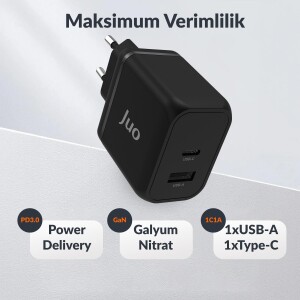 Juo 45W GaN USB-C + USB-A Şarj Aleti iPhone & iPad & Macbook & Samsung Uyumlu PD Type-C Hızlı Şarj Cihazı Siyah - 2