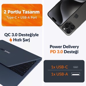 Juo 45W GaN USB-C + USB-A Şarj Aleti iPhone & iPad & Macbook & Samsung Uyumlu PD Type-C Hızlı Şarj Cihazı Siyah - 6