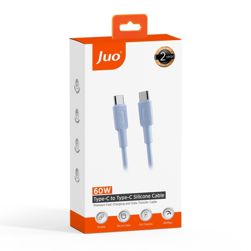 Juo 60W USB Type-C to Type-C Silikon Hızlı Şarj ve Data Kablosu Mavi 1 Metre - 7