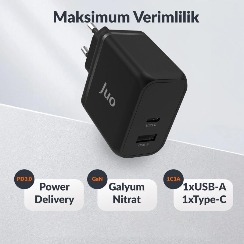 Juo 65W GaN USB-C + USB-A Şarj Aleti iPhone & iPad & Macbook & Notebook Uyumlu PD Type-C Hızlı Şarj Cihazı Siyah - 2