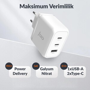 Juo 65W USB-C + USB-A 3 Portlu GaN Şarj Aleti iPhone & Macbook & Notebook Uyumlu PD Type-C Hızlı Şarj Cihazı Beyaz - 2