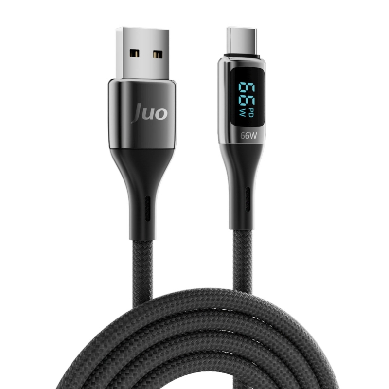 Juo 66W Dijital Led Ekranlı Örgülü USB-A to USB Type-C Hızlı Şarj ve Data Kablosu 2 Metre - 5