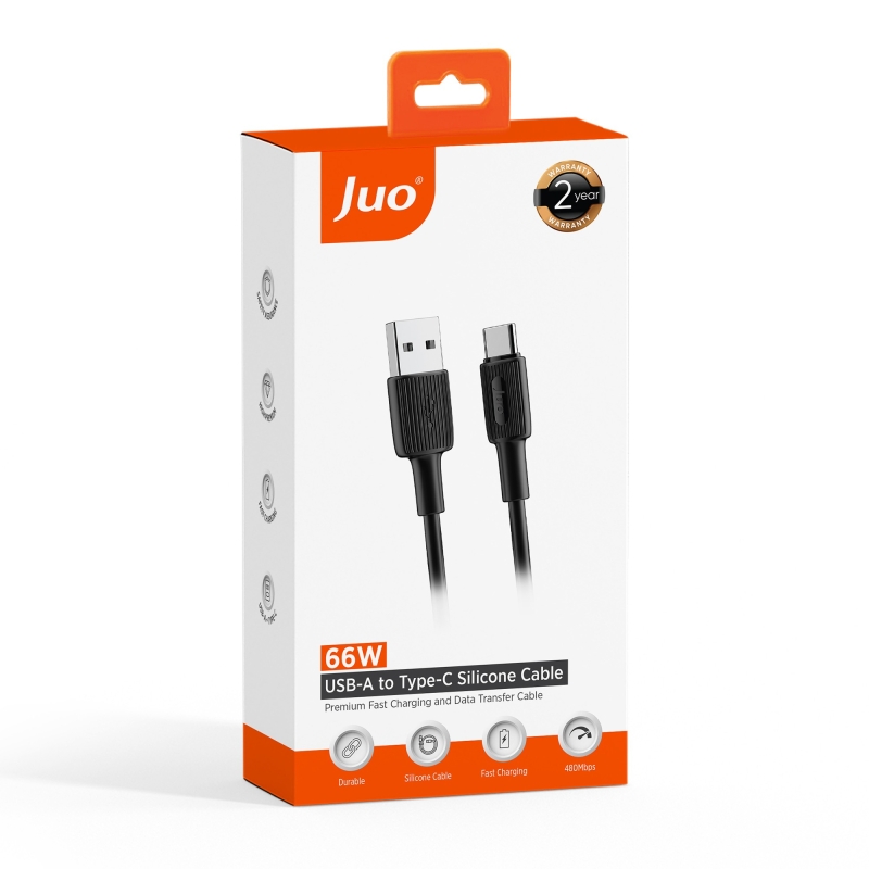 Juo 66W USB-A to USB Type-C Silikon Hızlı Şarj ve Data Kablosu Siyah 1 Metre - 7