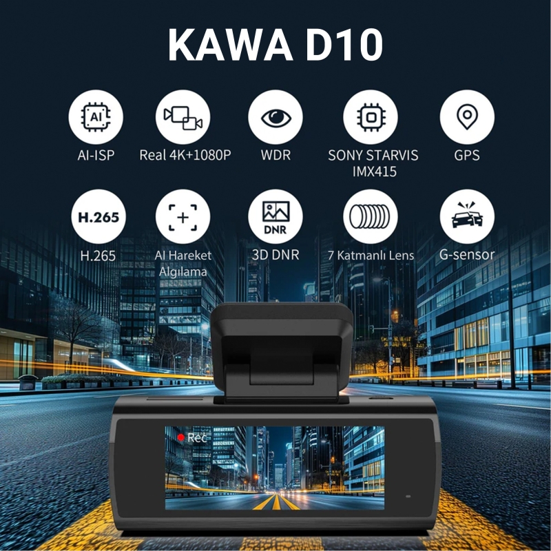 Kawa D10 Çift Kameralı 4K+1080P Sony STARVIS Sensörlü Yapay Zeka Destekli Wi-Fi ve GPS'li Araç Kamerası - 2