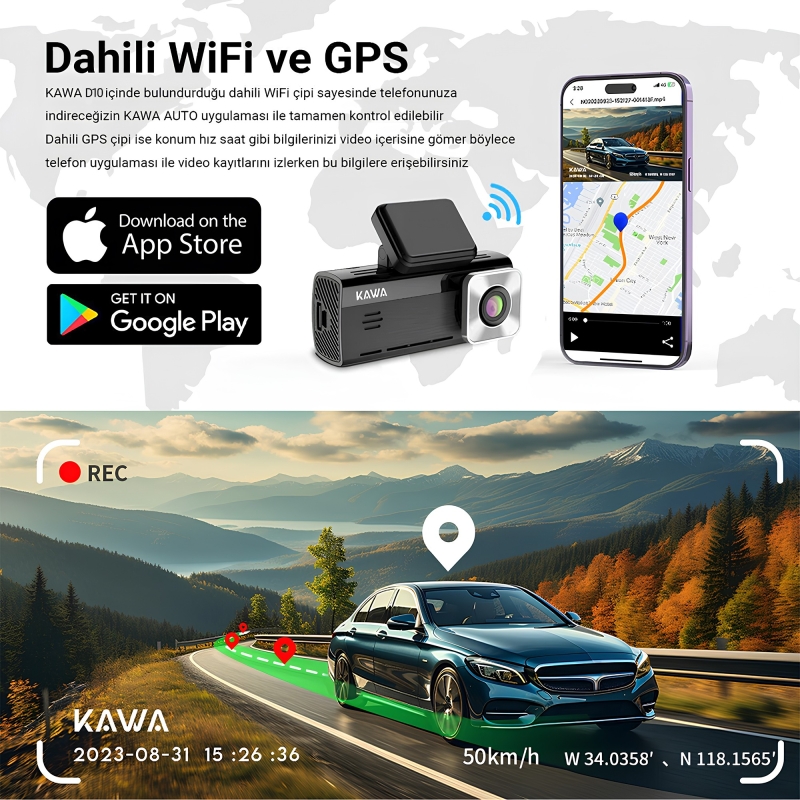 Kawa D10 Çift Kameralı 4K+1080P Sony STARVIS Sensörlü Yapay Zeka Destekli Wi-Fi ve GPS'li Araç Kamerası - 5