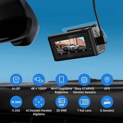 Kawa D11 2 Kameralı Ön / Arka 4K+1080P Sony STARVIS Sensörlü Yapay Zeka Destekli Wi-Fi GPS'li Araç Kamerası - 2