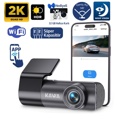 Kawa D5 Gen2 2K 1296P WiFi 145° Geniş Açı Lens Gece Görüşlü 32GB Hafıza Kartlı Akıllı Araç Kamerası - 1