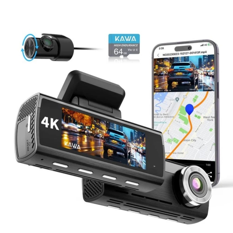 Kawa D8 2 Kameralı Ön / Arka 4K + 1080P Sony Starvis Sensörlü Türkçe Wi-Fi GPS'li Araç Kamerası - 1