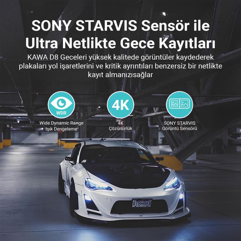 Kawa D8 2 Kameralı Ön / Arka 4K + 1080P Sony Starvis Sensörlü Türkçe Wi-Fi GPS'li Araç Kamerası - 4