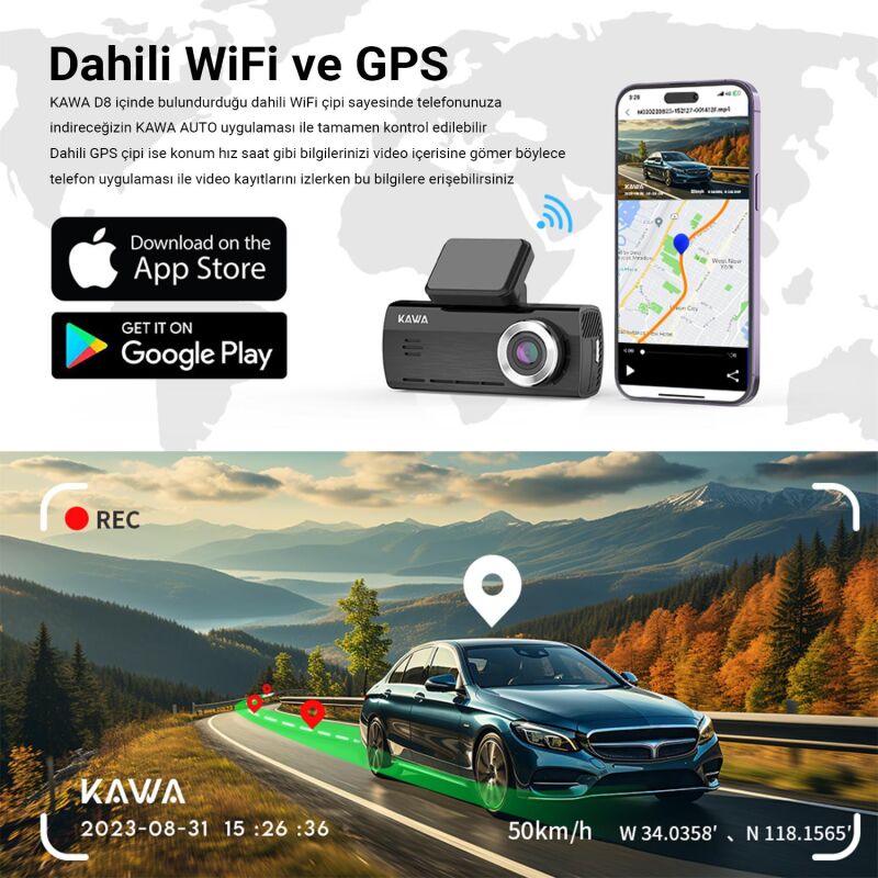 Kawa D8 2 Kameralı Ön / Arka 4K + 1080P Sony Starvis Sensörlü Türkçe Wi-Fi GPS'li Araç Kamerası - 8