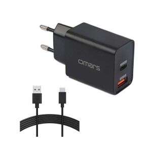 Omars 18W Çift Çıkışlı Type-C - USB Hızlı Şarj Cihazı ve 1 Metre Type-C Kablo - 1