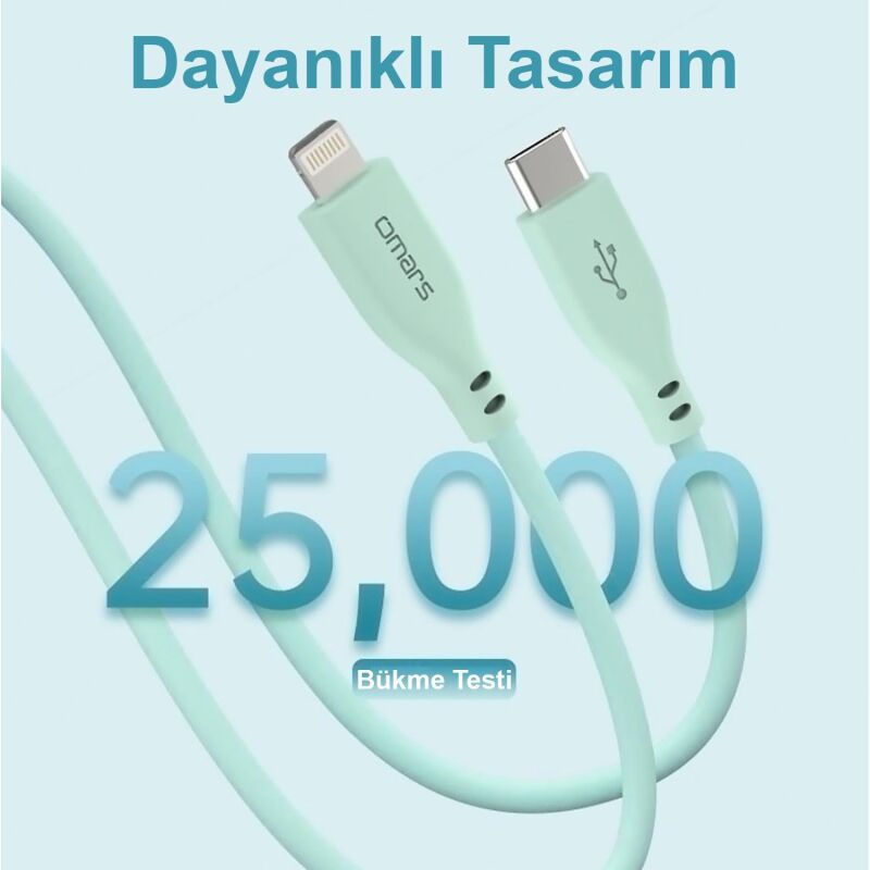 Omars 20W 3A Type-C to Ligthning iPhone iPad Uyumlu Hızlı Şarj Kablosu Yeşil 1 Metre - 2