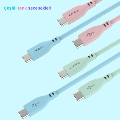 Omars 60W 3A Type-C to Type-C Silikon PD Hızlı Şarj ve Data Kablosu Mavi 1 Metre - 4