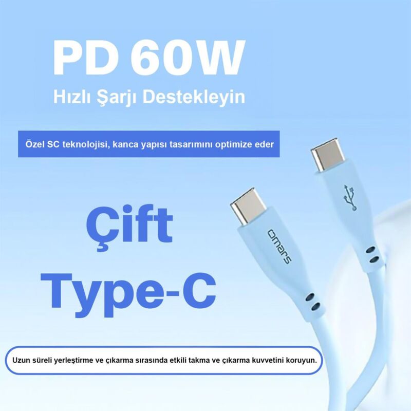 Omars 60W 3A Type-C to Type-C Silikon PD Hızlı Şarj ve Data Kablosu Mavi 1 Metre - 2