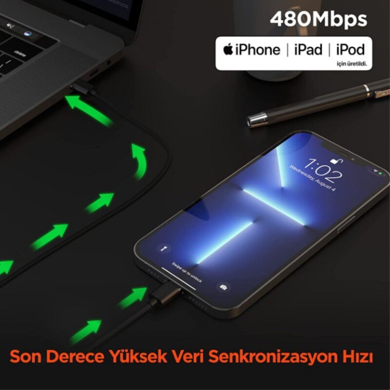 Omars iPhone Type-C to Lightning Örgülü Hızlı Şarj ve Data Kablosu 1 Metre Siyah - 3