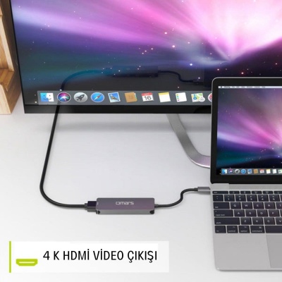 Omars Type-C to 4K HDMI 2*USB-A 3.0 SD ve Micro SD Kart Okuyucu Çoklayıcı Hub - 4