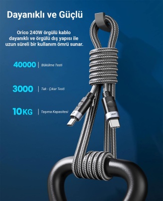 Orico 240W 5A PD Type-C to Type-C Hızlı Şarj ve Data Kablosu 1 Metre Siyah - 9