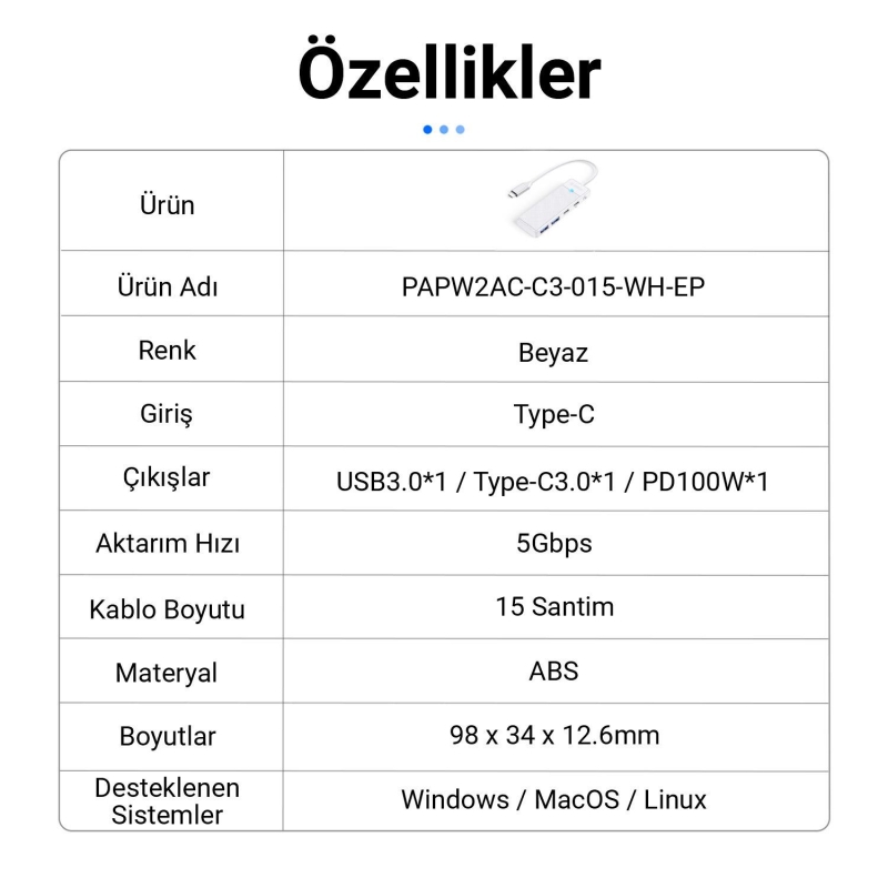 Orico 4 Portlu Type-C to USB 3.0 / Type-C PD 100W Yüksek Hızlı 5Gbps HUB Çoklayıcı Beyaz - 6