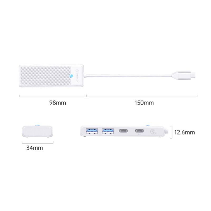 Orico 4 Portlu Type-C to USB 3.0 / Type-C PD 100W Yüksek Hızlı 5Gbps HUB Çoklayıcı Beyaz - 5