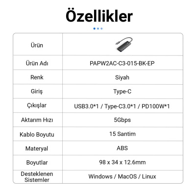 Orico 4 Portlu Type-C to USB 3.0 / Type-C PD 100W Yüksek Hızlı 5Gbps HUB Çoklayıcı Siyah - 6