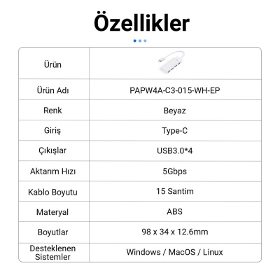 Orico 4 Portlu Type-C to USB 3.0 Yüksek hızlı 5Gbps HUB Çoklayıcı Beyaz - 6