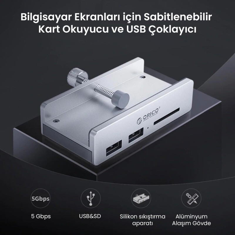 Orico Kenar Kelepçeli USB 3.0 4 Portlu SD Kart Okuyuculu HUB Çoklayıcı - 5