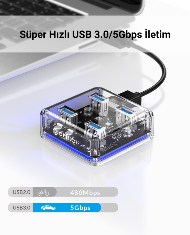 Orico Şeffaf Led Işıklı 5Gbps 4 Portlu USB-A 3.0 Çoklayıcı 30 CM Kablolu - 4