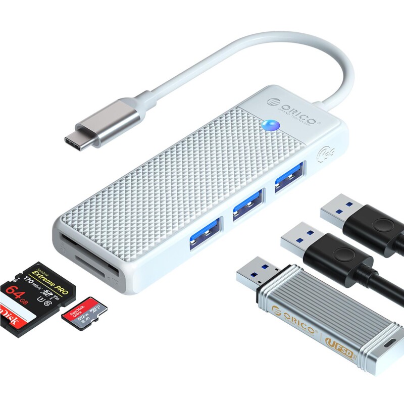 Orico Type-C to 3.0 TF SD Kart Okuyucu 3 Portlu USB 3.0 Çoklayıcı Adaptör Beyaz - 1